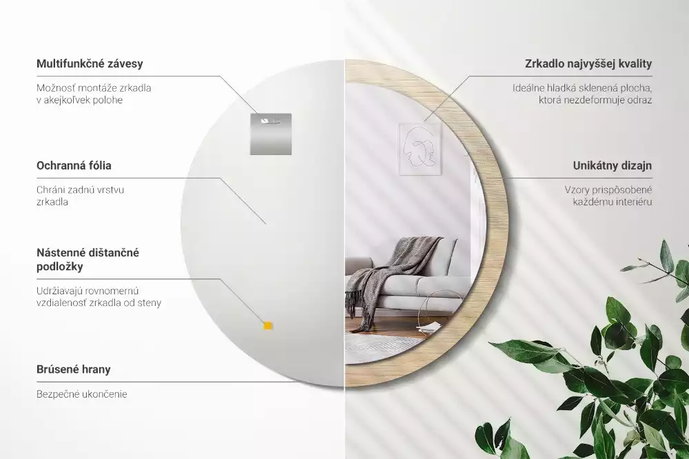 Lustro okrągłe z drukowaną ramką w kolorze jasnego drewna