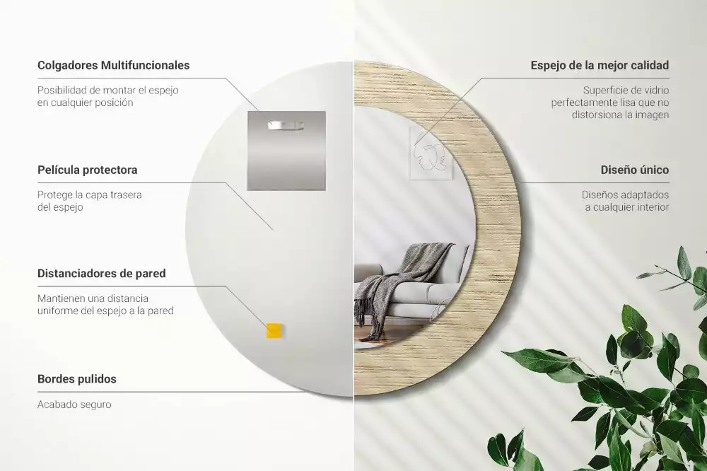 Lustro okrągłe z drukowaną ramką w kolorze jasnego drewna