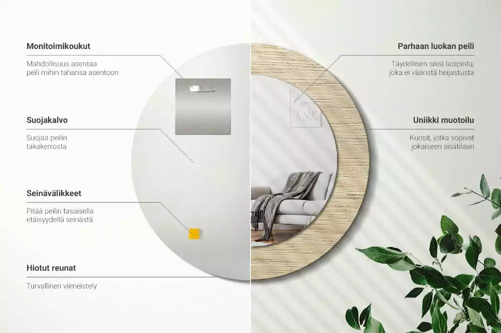 Lustro okrągłe z drukowaną ramką w kolorze jasnego drewna