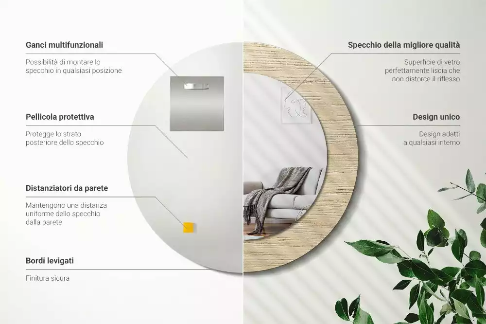 Lustro okrągłe z drukowaną ramką w kolorze jasnego drewna