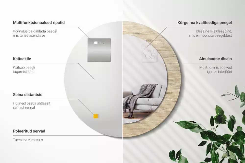 Lustro okrągłe z drukowaną ramką w kolorze jasnego drewna