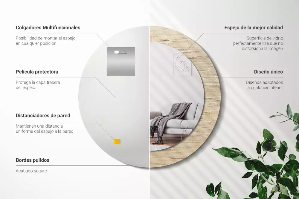 Lustro okrągłe z drukowaną ramką w kolorze jasnego drewna