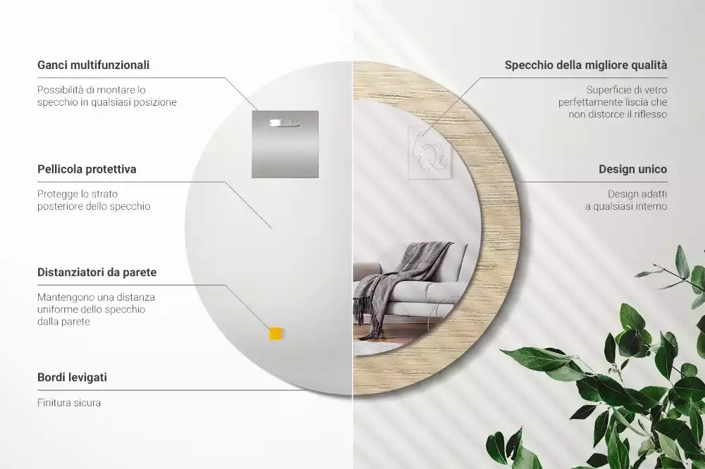 Lustro okrągłe z drukowaną ramką w kolorze jasnego drewna