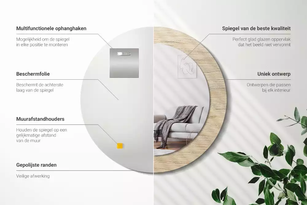 Lustro okrągłe z drukowaną ramką w kolorze jasnego drewna