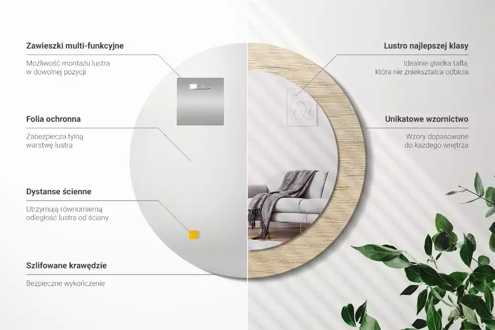 Lustro okrągłe z drukowaną ramką w kolorze jasnego drewna