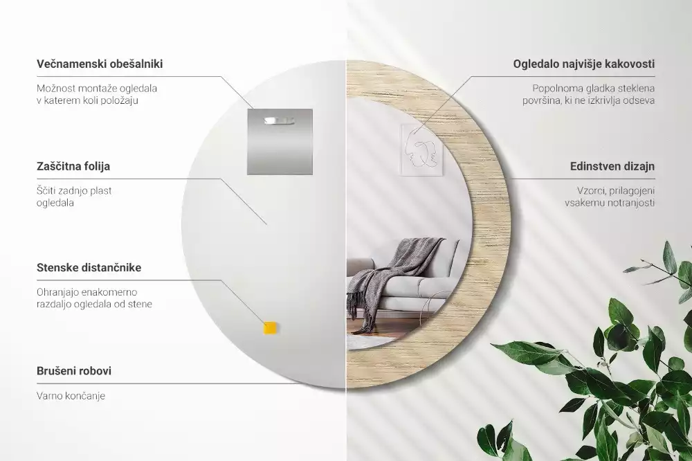 Lustro okrągłe z drukowaną ramką w kolorze jasnego drewna