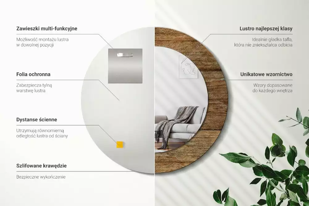 Lustro z ramą z nadrukiem w motywie starego drewna w wersji okrągłej