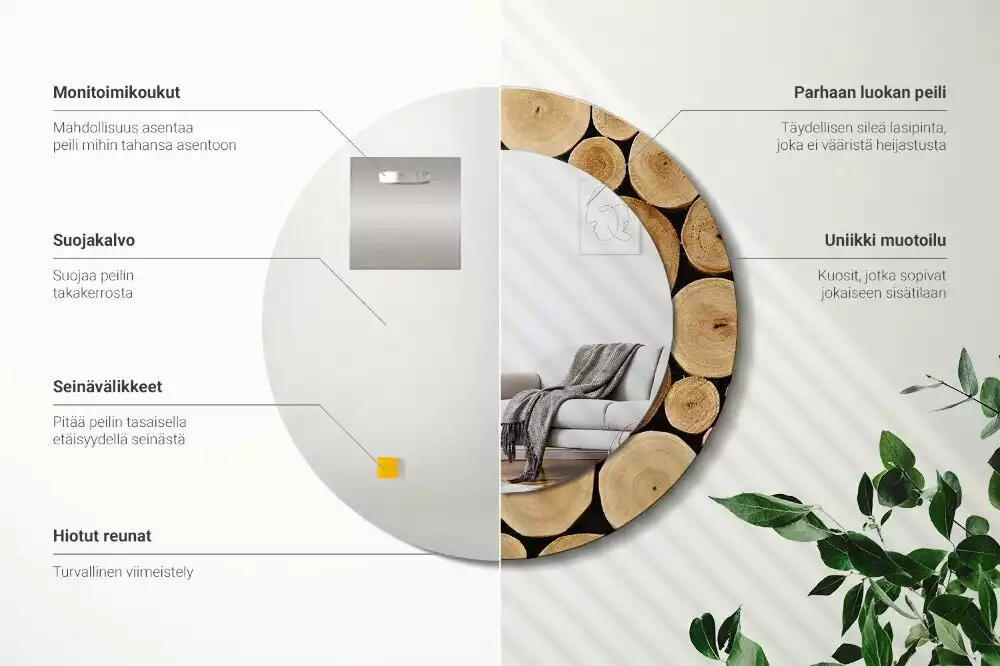 Lustro ścienne dekoracyjne w kształcie okręgu z motywem kłód drewna