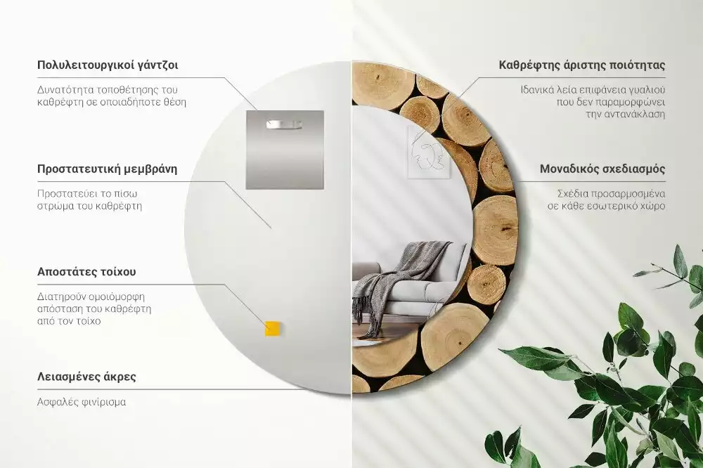 Lustro ścienne dekoracyjne w kształcie okręgu z motywem kłód drewna