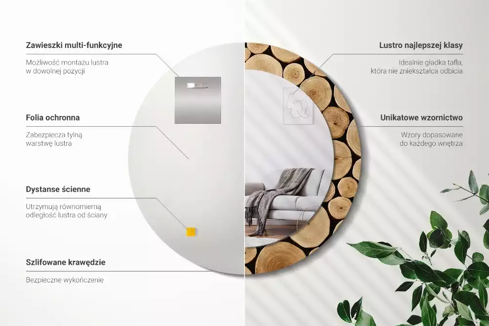 Lustro ścienne dekoracyjne w kształcie okręgu z motywem kłód drewna