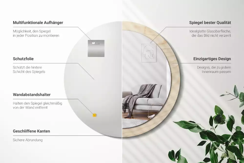 Lustro okrągłe z drukowaną ramką w jasnym odcieniu drewna