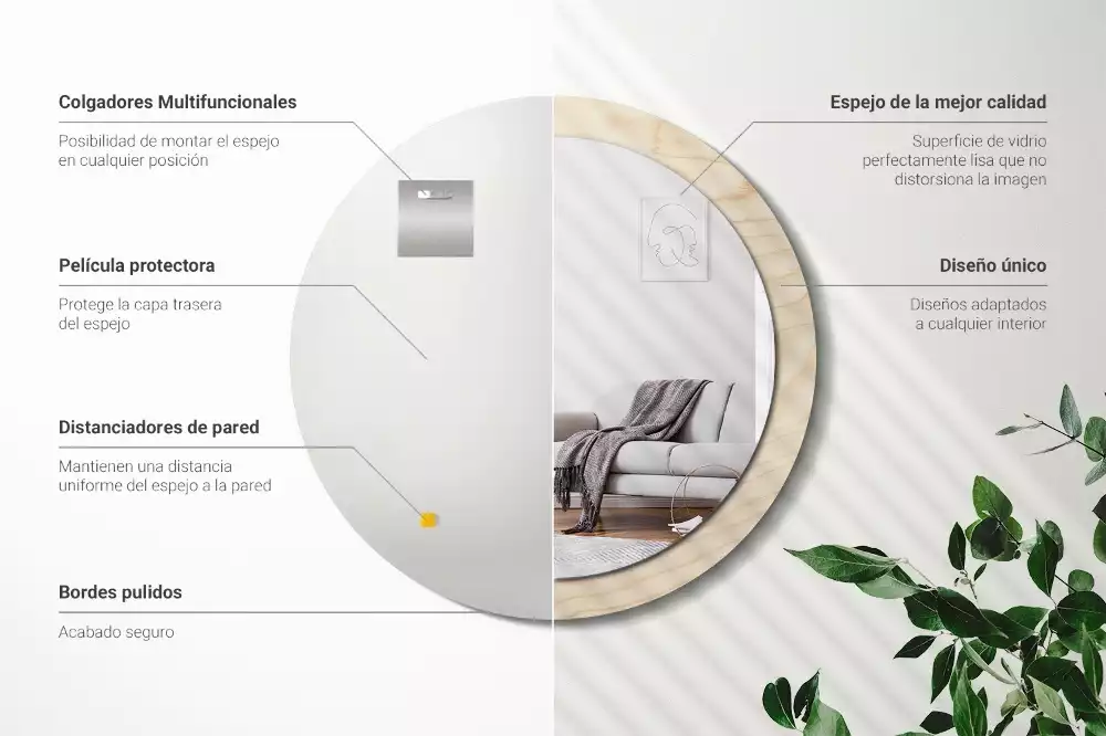 Lustro okrągłe z drukowaną ramką w jasnym odcieniu drewna