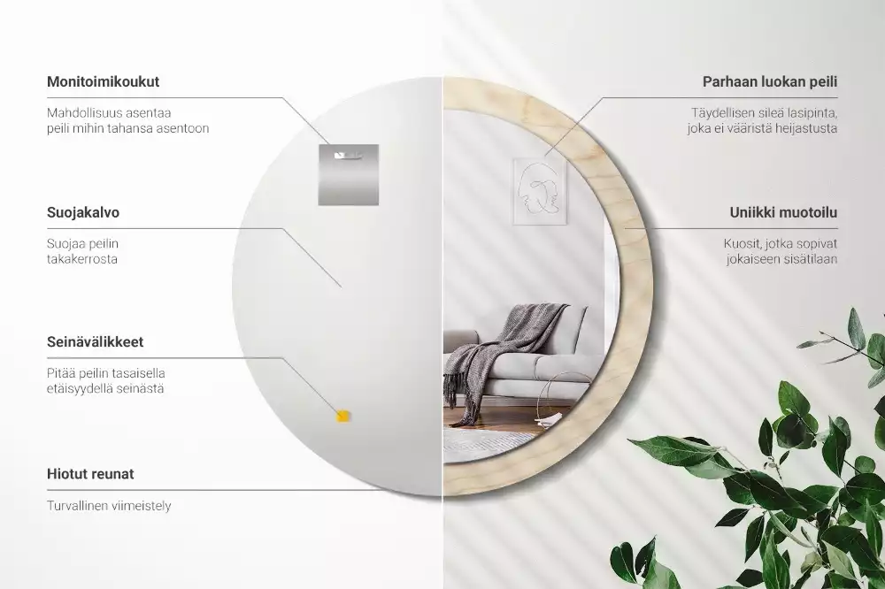 Lustro okrągłe z drukowaną ramką w jasnym odcieniu drewna