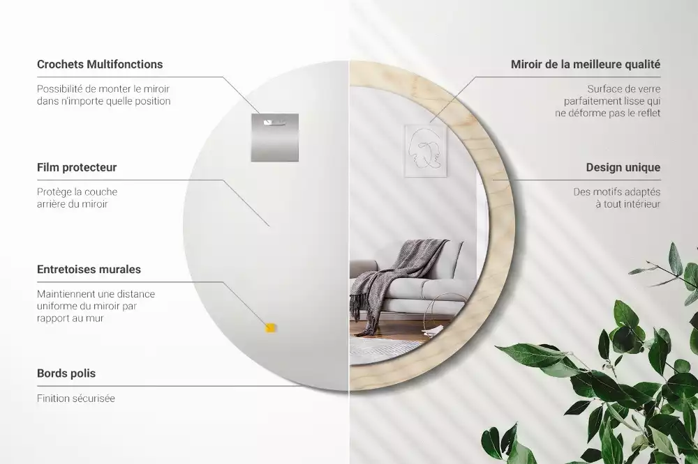 Lustro okrągłe z drukowaną ramką w jasnym odcieniu drewna