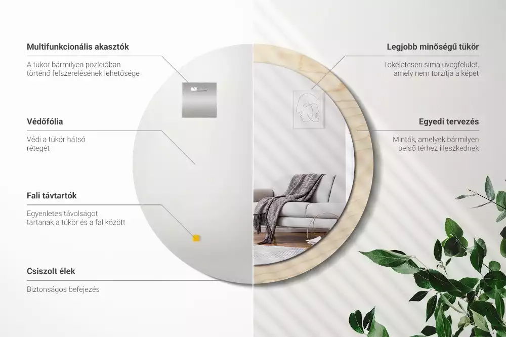 Lustro okrągłe z drukowaną ramką w jasnym odcieniu drewna