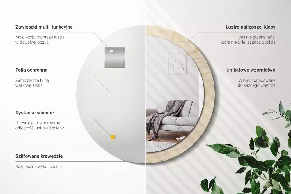 Lustro okrągłe z drukowaną ramką w jasnym odcieniu drewna