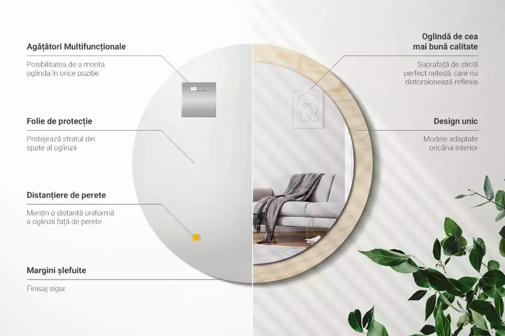 Lustro okrągłe z drukowaną ramką w jasnym odcieniu drewna