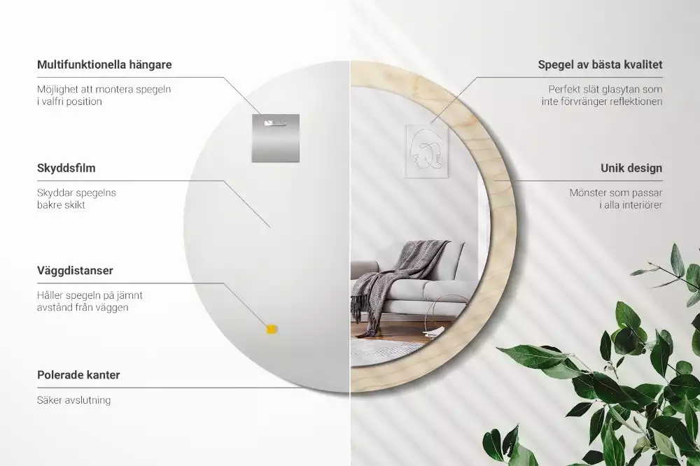 Lustro okrągłe z drukowaną ramką w jasnym odcieniu drewna