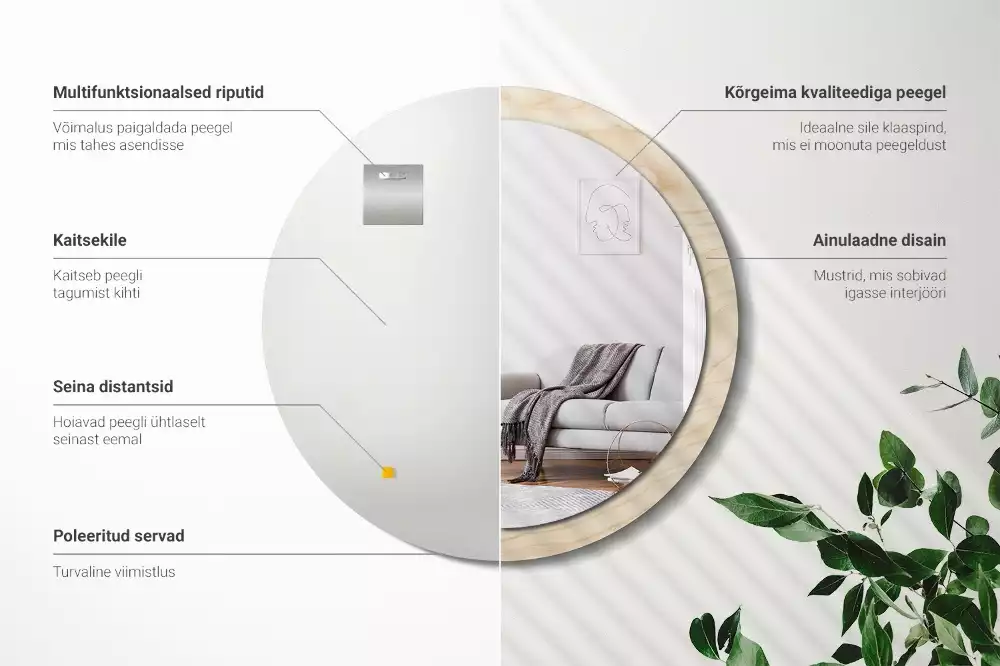 Lustro okrągłe z drukowaną ramką w jasnym odcieniu drewna