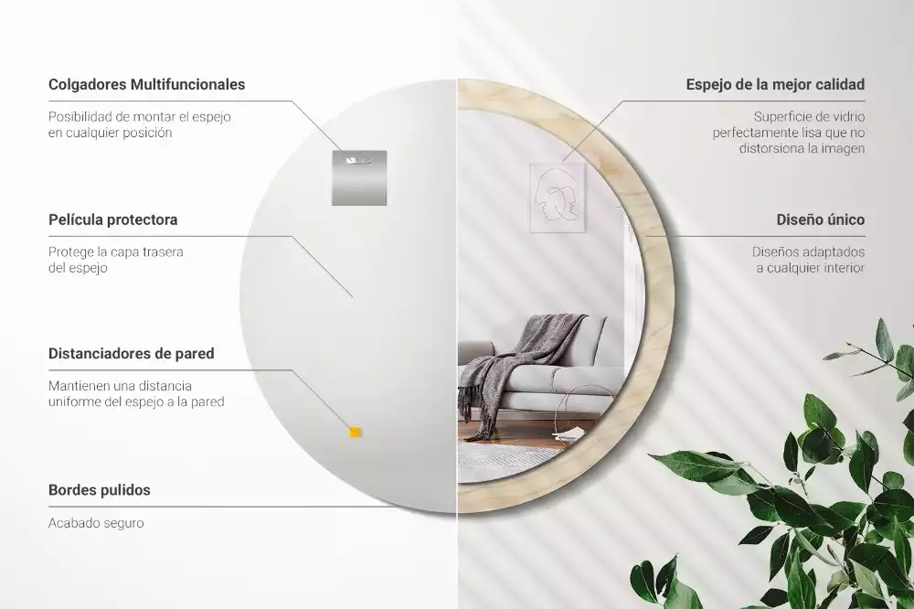 Lustro okrągłe z drukowaną ramką w jasnym odcieniu drewna