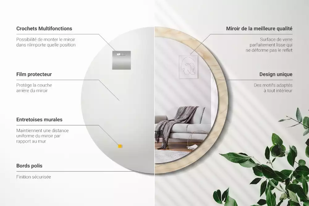 Lustro okrągłe z drukowaną ramką w jasnym odcieniu drewna