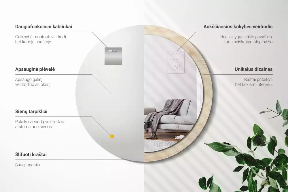 Lustro okrągłe z drukowaną ramką w jasnym odcieniu drewna