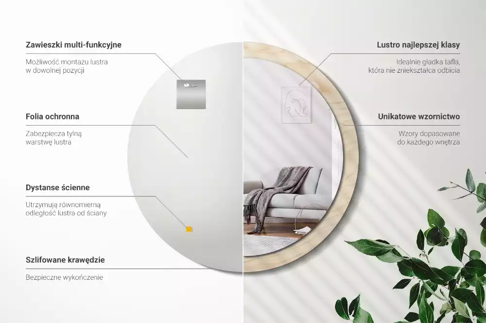 Lustro okrągłe z drukowaną ramką w jasnym odcieniu drewna