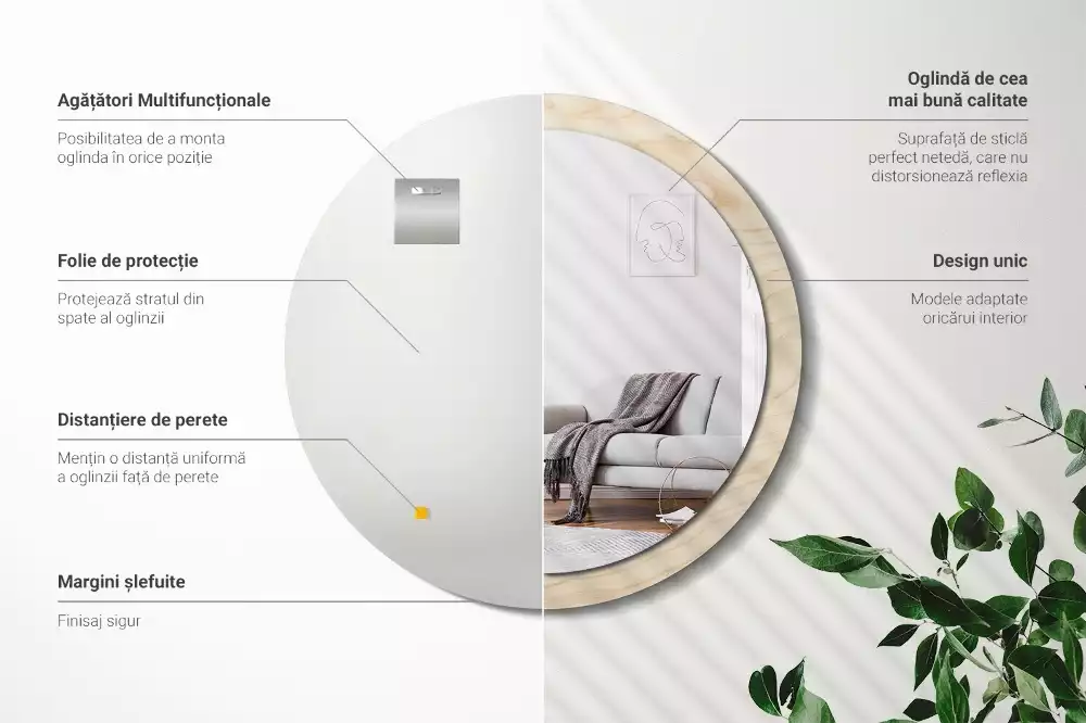 Lustro okrągłe z drukowaną ramką w jasnym odcieniu drewna