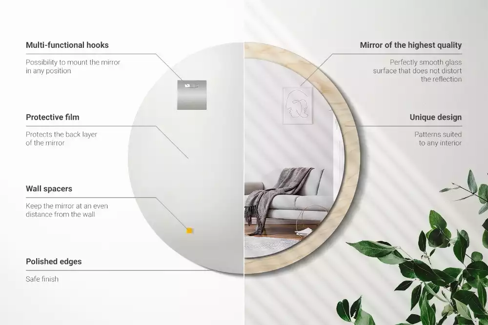 Lustro okrągłe z drukowaną ramką w jasnym odcieniu drewna