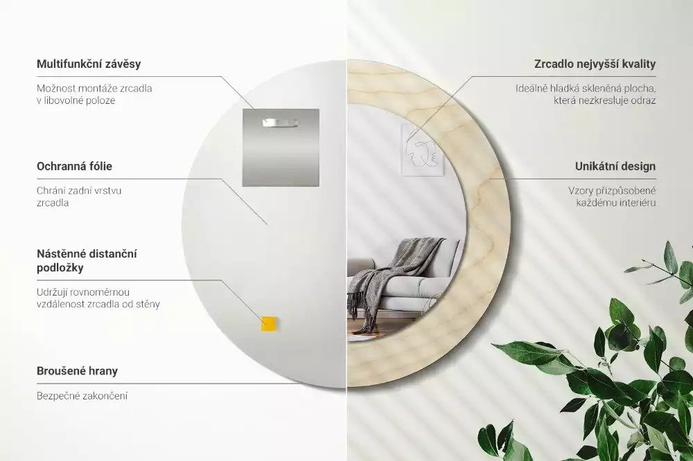 Lustro okrągłe z drukowaną ramką w jasnym odcieniu drewna