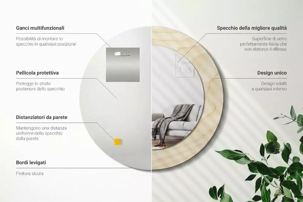 Lustro okrągłe z drukowaną ramką w jasnym odcieniu drewna