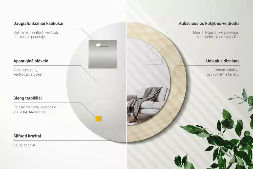 Lustro okrągłe z drukowaną ramką w jasnym odcieniu drewna