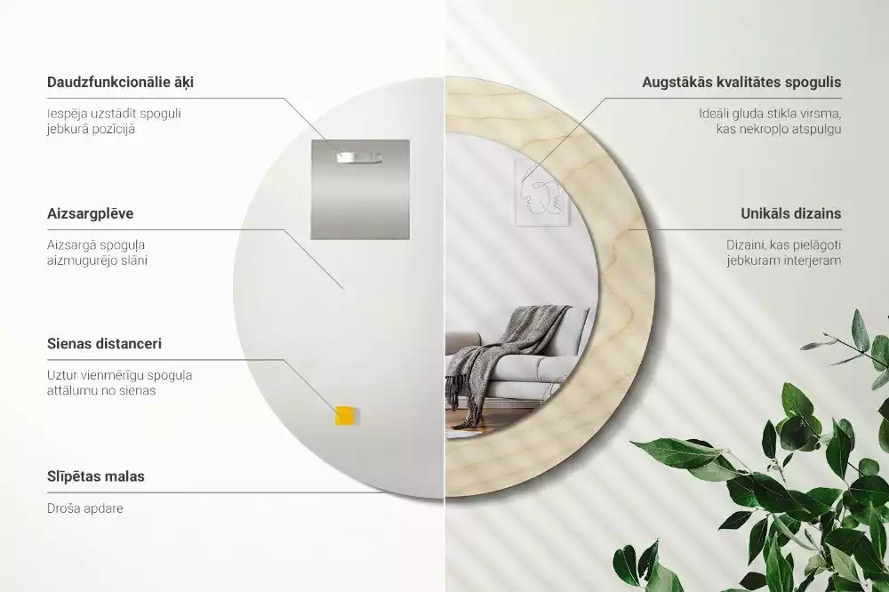 Lustro okrągłe z drukowaną ramką w jasnym odcieniu drewna