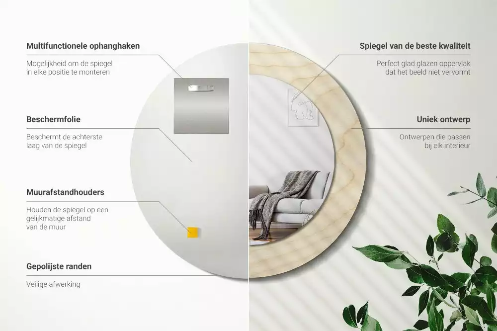 Lustro okrągłe z drukowaną ramką w jasnym odcieniu drewna