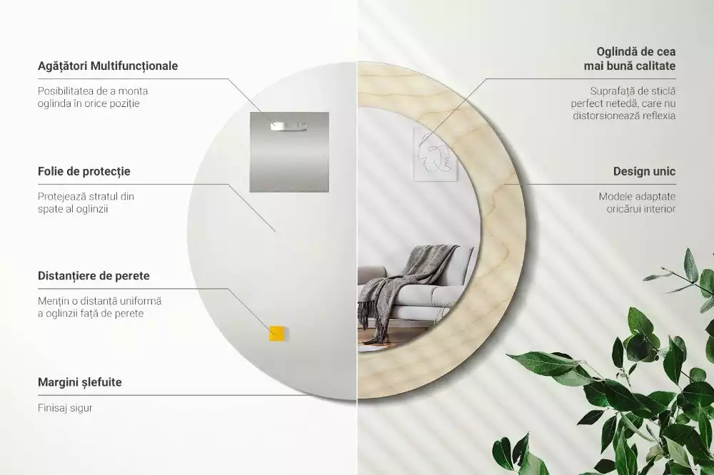 Lustro okrągłe z drukowaną ramką w jasnym odcieniu drewna