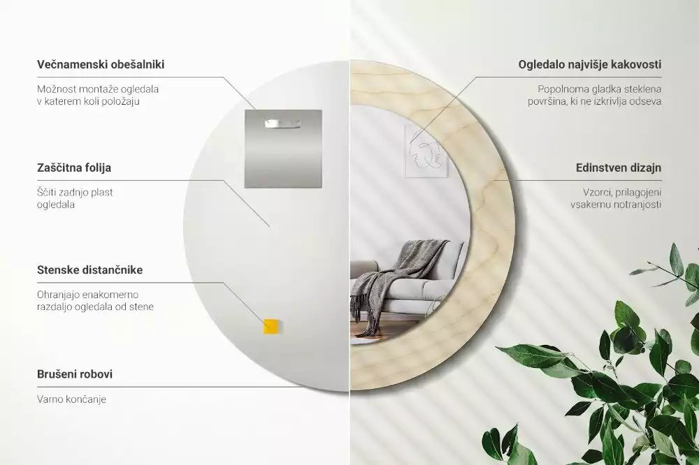 Lustro okrągłe z drukowaną ramką w jasnym odcieniu drewna