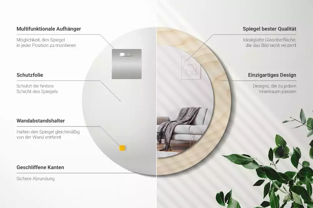 Lustro okrągłe z drukowaną ramką w jasnym odcieniu drewna