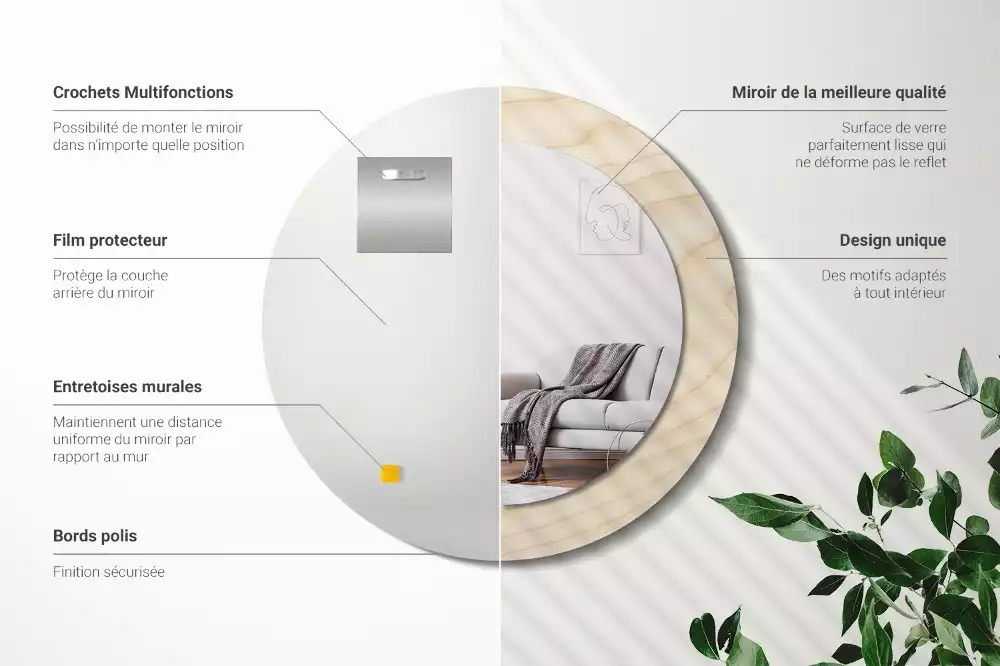 Lustro okrągłe z drukowaną ramką w jasnym odcieniu drewna