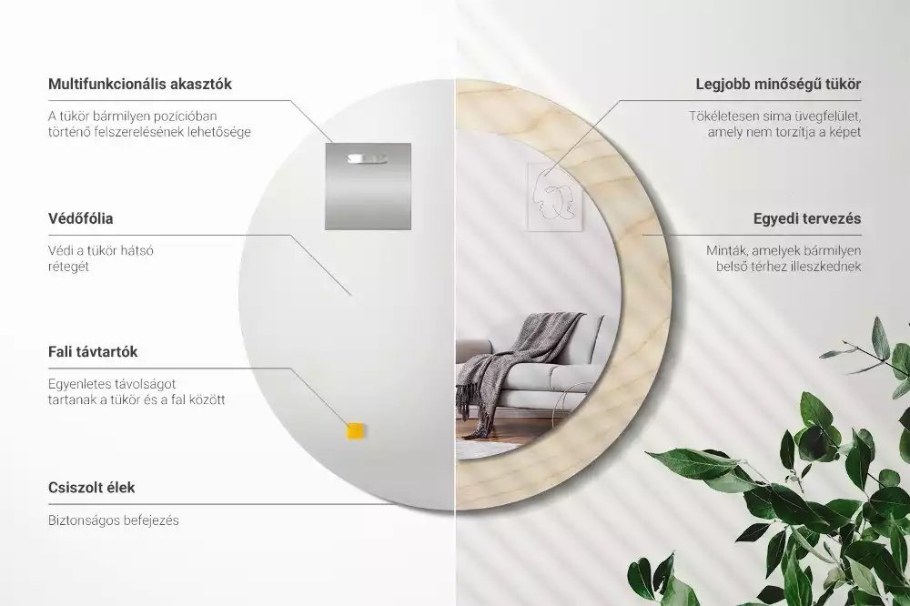 Lustro okrągłe z drukowaną ramką w jasnym odcieniu drewna