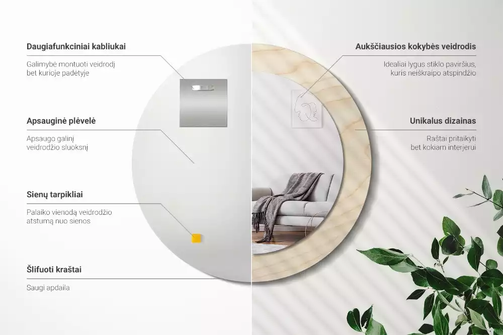 Lustro okrągłe z drukowaną ramką w jasnym odcieniu drewna