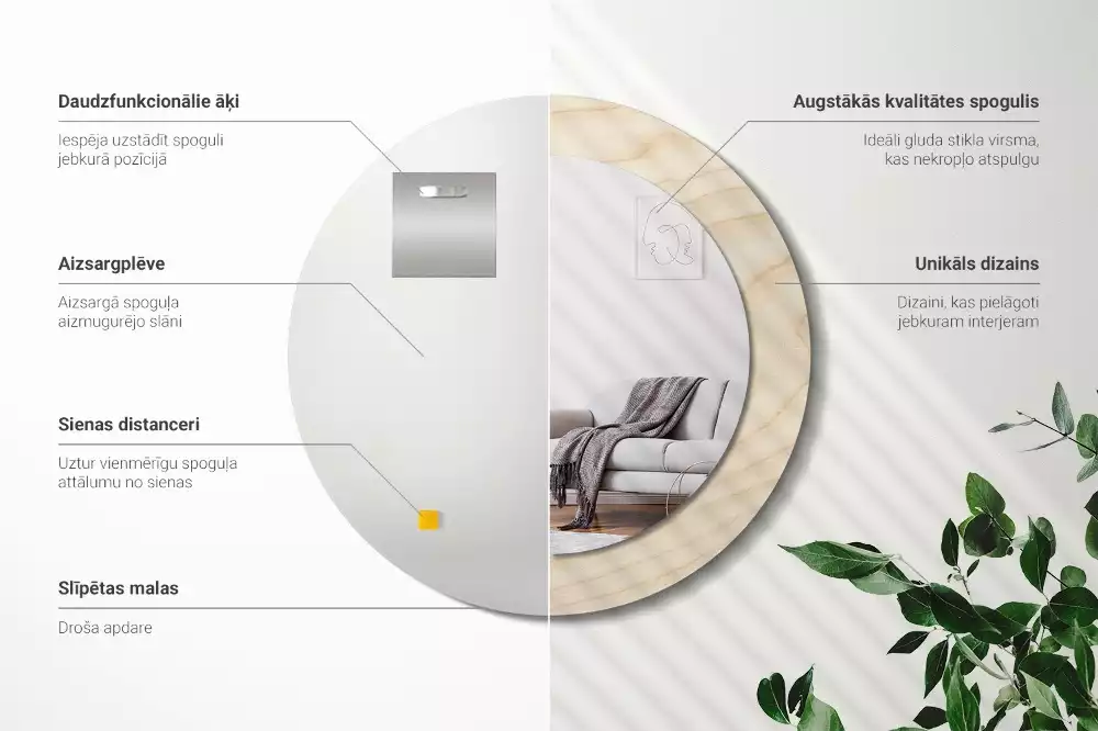 Lustro okrągłe z drukowaną ramką w jasnym odcieniu drewna