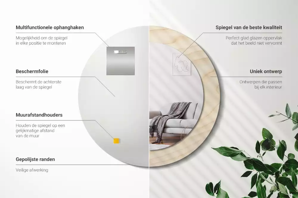 Lustro okrągłe z drukowaną ramką w jasnym odcieniu drewna