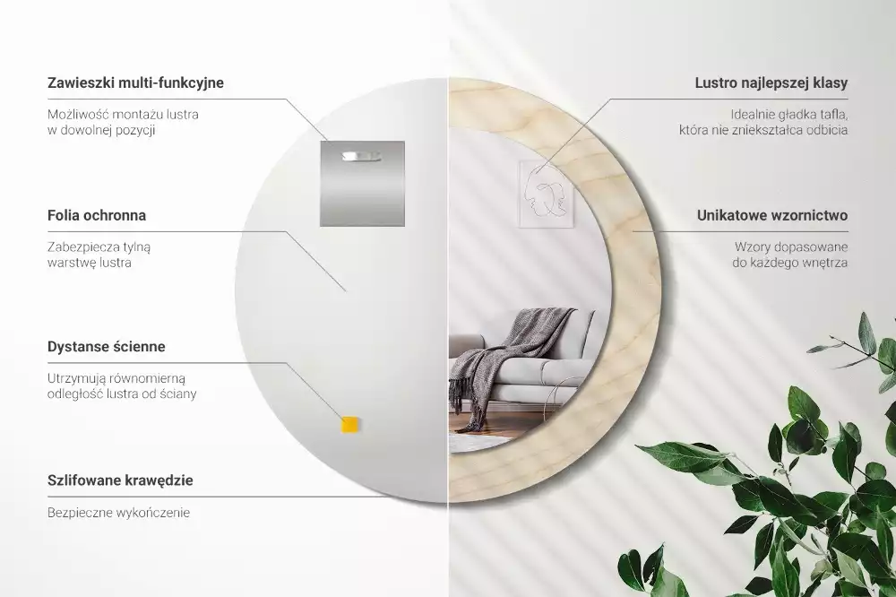 Lustro okrągłe z drukowaną ramką w jasnym odcieniu drewna