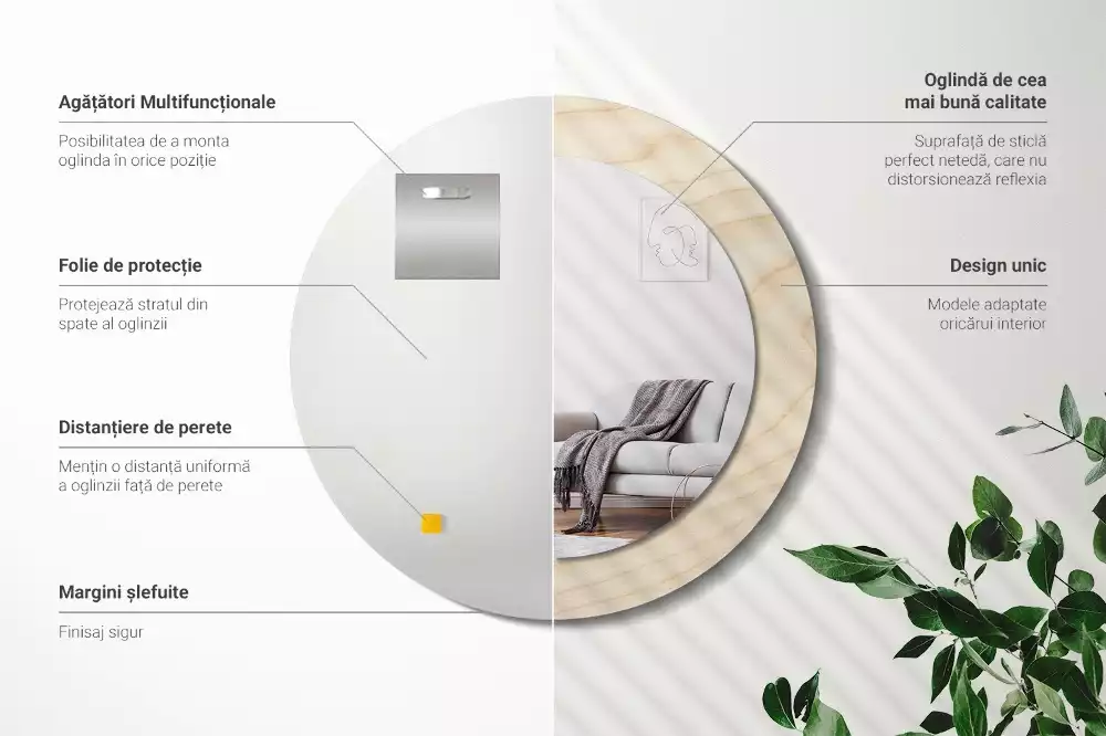 Lustro okrągłe z drukowaną ramką w jasnym odcieniu drewna