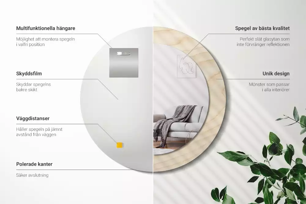 Lustro okrągłe z drukowaną ramką w jasnym odcieniu drewna