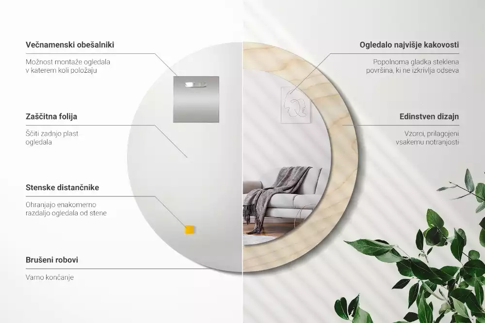 Lustro okrągłe z drukowaną ramką w jasnym odcieniu drewna