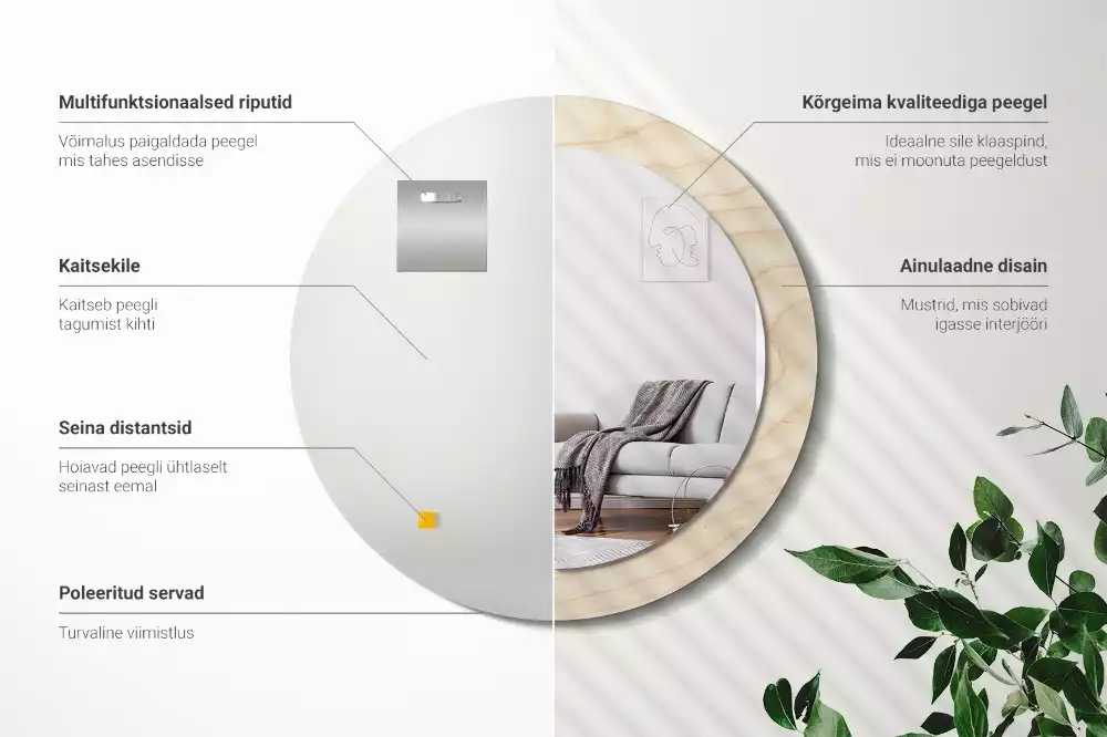 Lustro okrągłe z drukowaną ramką w jasnym odcieniu drewna