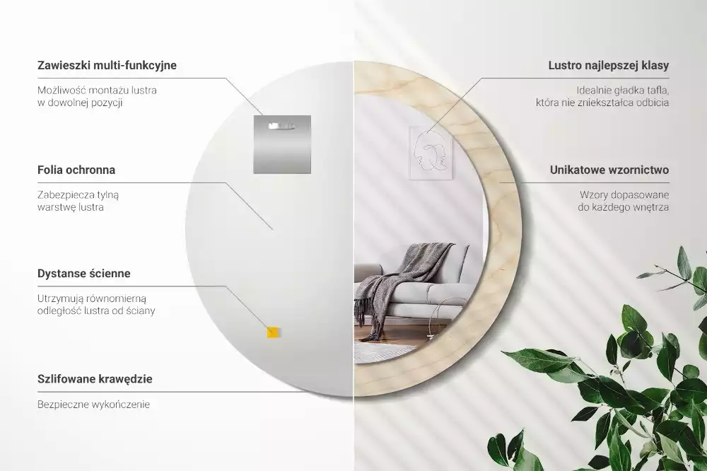 Lustro okrągłe z drukowaną ramką w jasnym odcieniu drewna