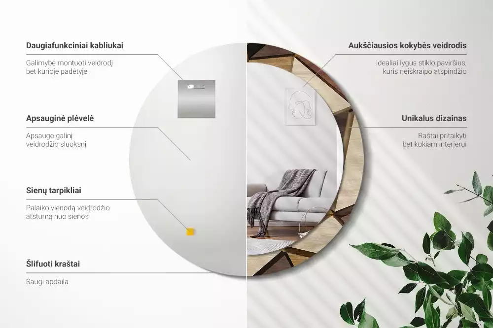 Lustro ścienne dekoracyjne w kształcie okręgu z geometrycznym motywem i ramą z drewna 3D