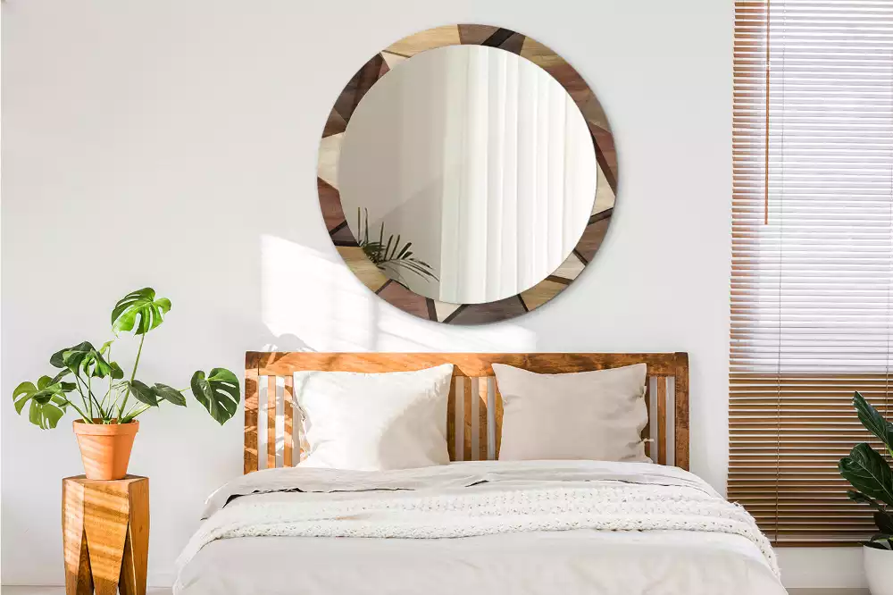 Lustro ścienne dekoracyjne w kształcie okręgu z geometrycznym motywem i ramą z drewna 3D